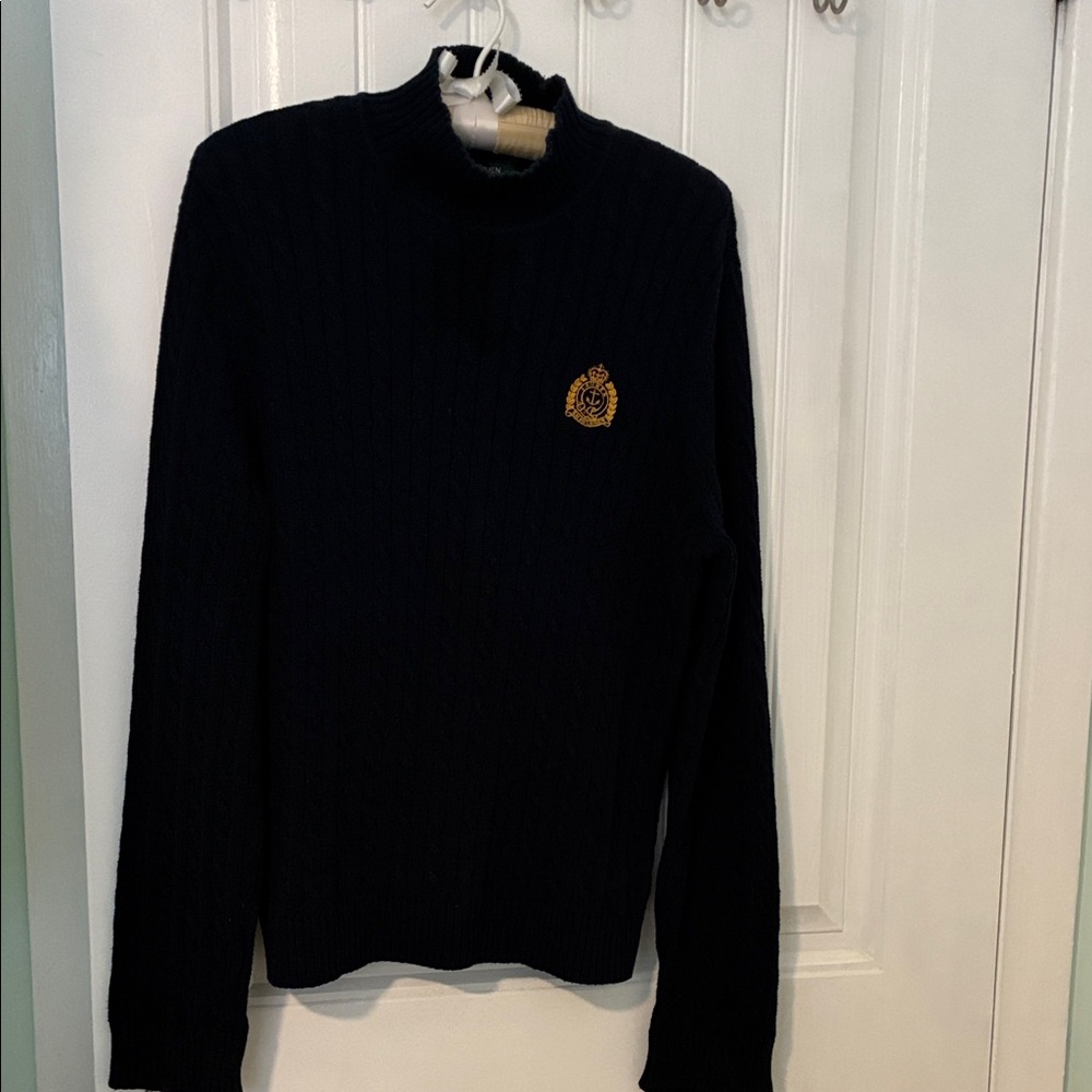 Ralph Lauren Navy Blue Turtleneck Sweater with Gold Crest